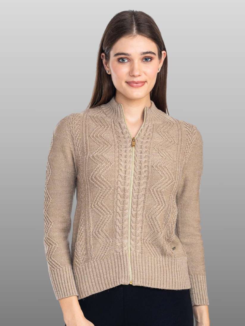 Buy Moda Elementi Self Design Cable Knit Mock Collar Cardigan Sweater Sweaters for Women 25992966 Myntra