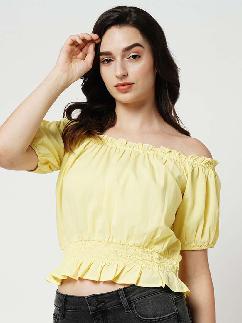 Buy ONLY Off Shoulder Gathered Smocked Puff Sleeves Bardot Top Tops for Women 26001372 Myntra