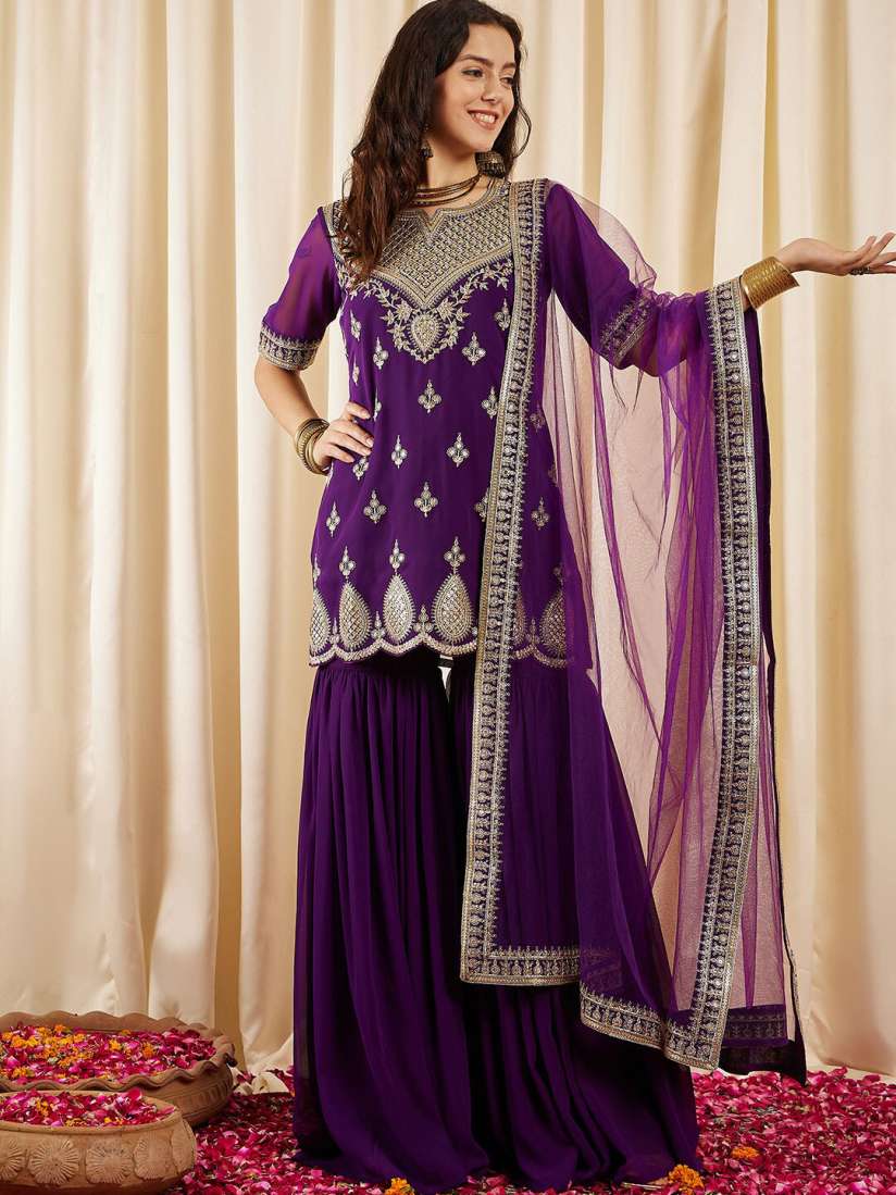 Buy Inddus Ethnic Motifs Embroidered Regular Sequined Kurti with Sharara Dupatta Kurta Sets for Women 26004966 Myntra