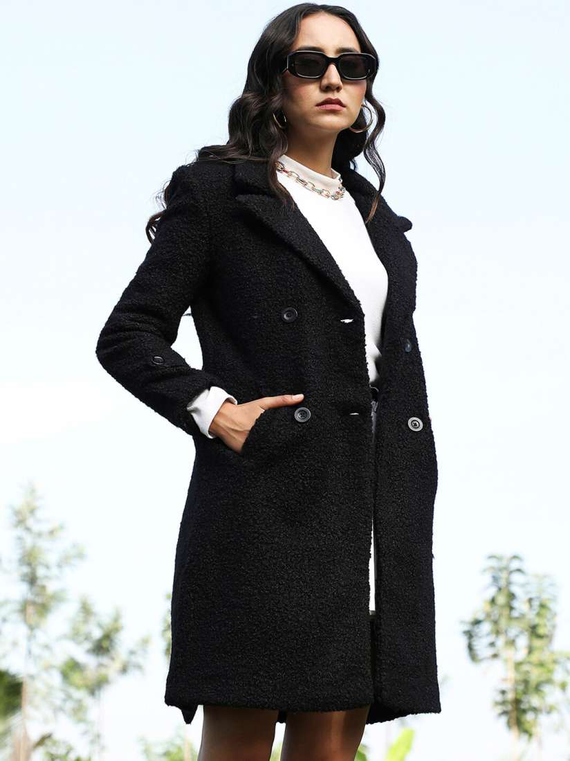 Buy Campus Sutra Notched Lapel Double Breasted Sherpa Long Coat Coats for Women 26006734 Myntra