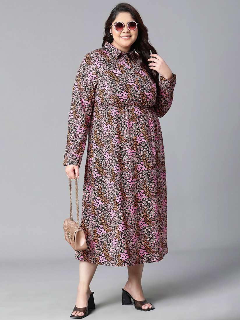 Buy Oxolloxo Plus Size Floral Printed Shirt Midi Dress Dresses for Women 26011956 Myntra