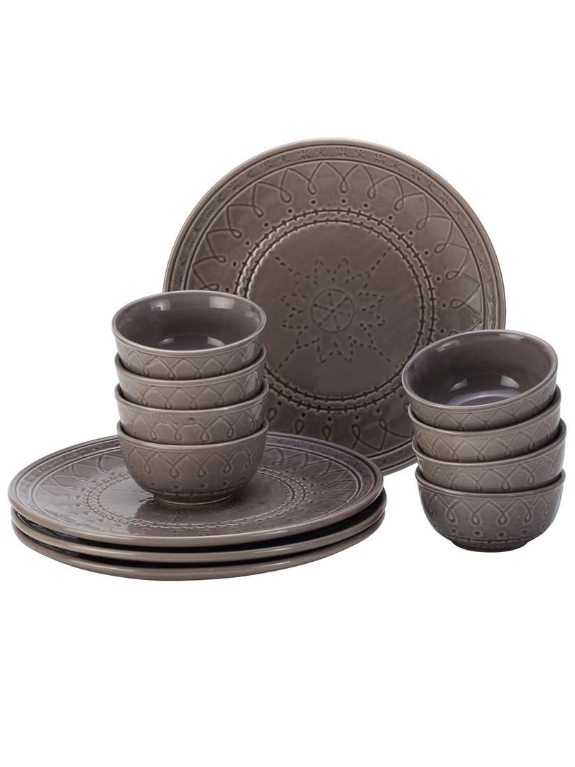 Buy BODHI HOUSE Grey 12 Pieces Printed Ceramic Glossy Dinner Set