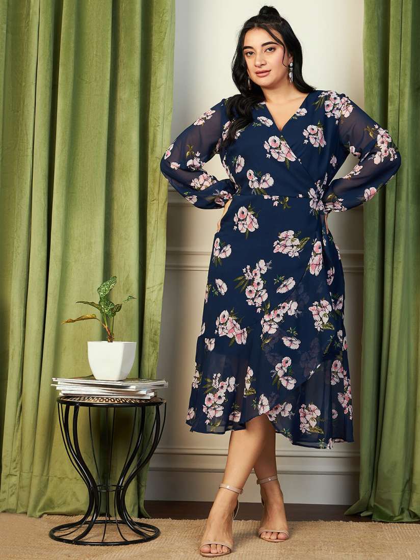 Floral georgette ruffled wrap dress outlet