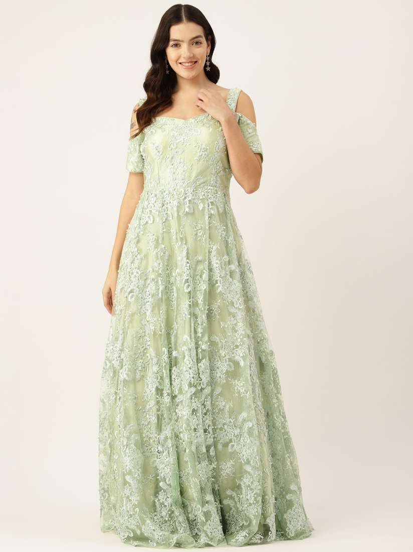 Buy Simaaya Floral Embroidered Sweetheart Neck Cold Shoulder Sleeves Ethnic Gown Ethnic Dresses for Women 26076384 Myntra