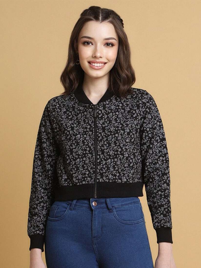 Myntra Forever 21 Cropped Zip Up Hoodie FOREVER 21 Floral Printed