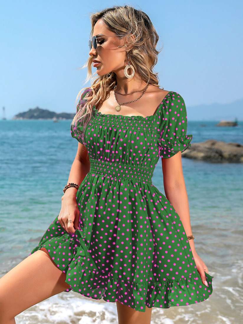 Green polka dot mini dress top