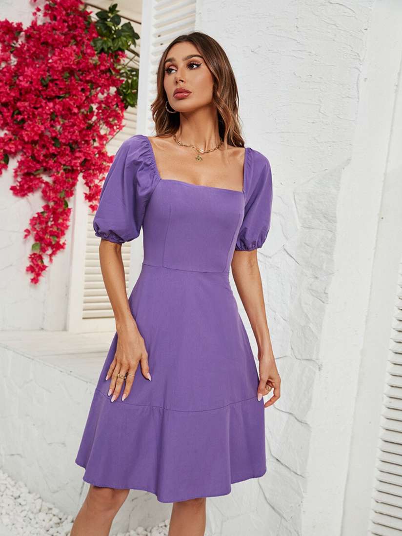 Buy StyleCast Purple Square Neck Puff Sleeve Fit Flare Dress Dresses for Women 26119806 Myntra