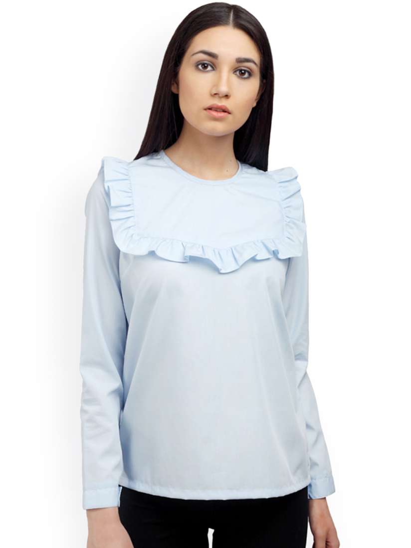 Buy Ombre Lane Women Blue Formal Ruffle Pure Cotton Top Tops for Women 2614180 Myntra