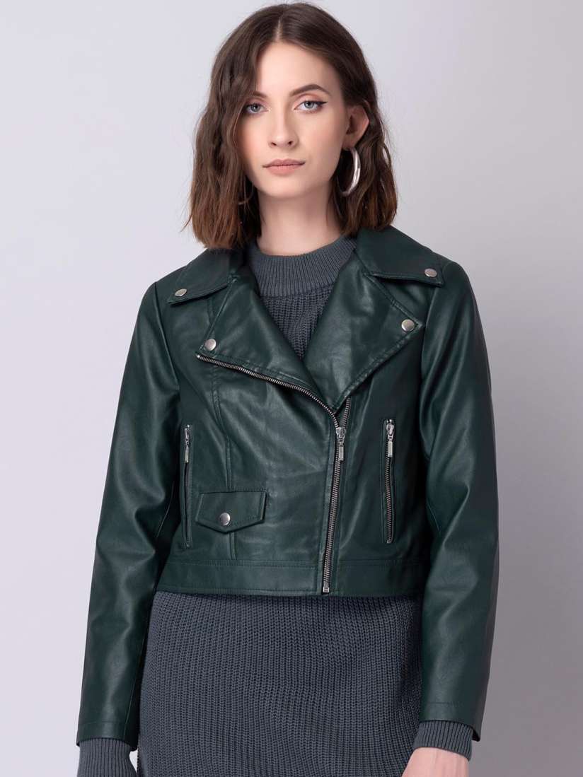 Buy FabAlley Green Lapel Collar Faux Fur Crop Biker Jacket Jackets for Women 26177516 Myntra