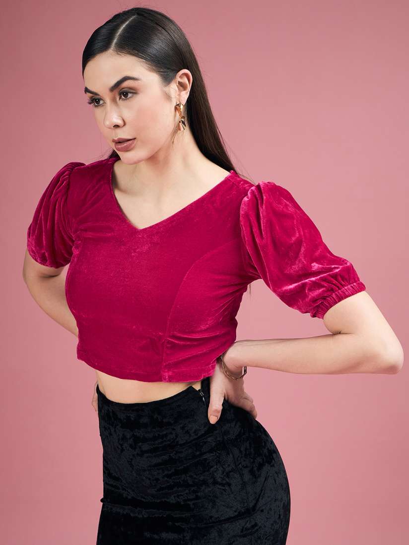 Buy DressBerry Magenta Puff Sleeves Velvet Crop Top Tops for Women 26184730 Myntra