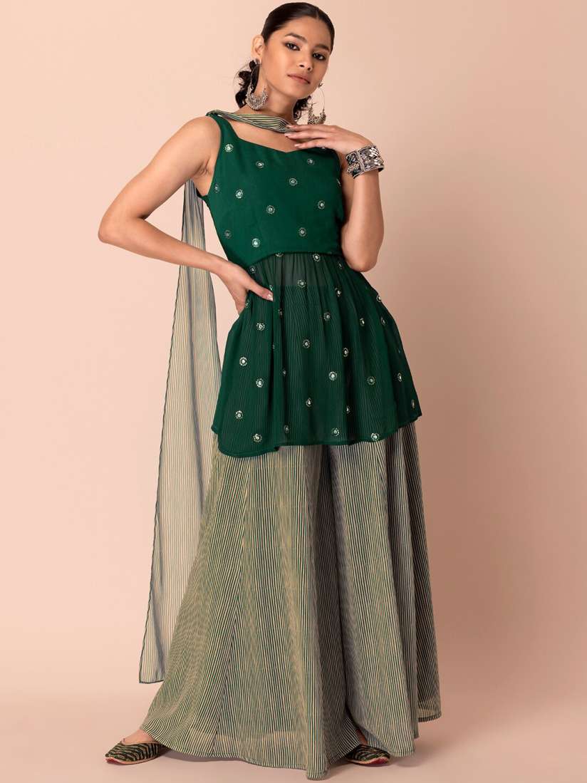 Buy INDYA Floral Embroidered Sequinned Pleated A Line Kurti With Palazzo Attached Dupatta Kurta Sets for Women 26186240 Myntra