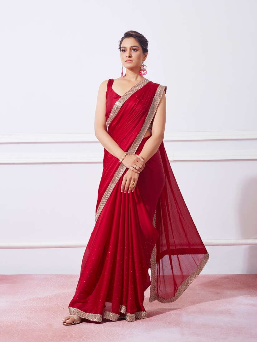 Buy Mitera Red Embellished Beads Stones Satin Saree Sarees for Women 26199116 Myntra