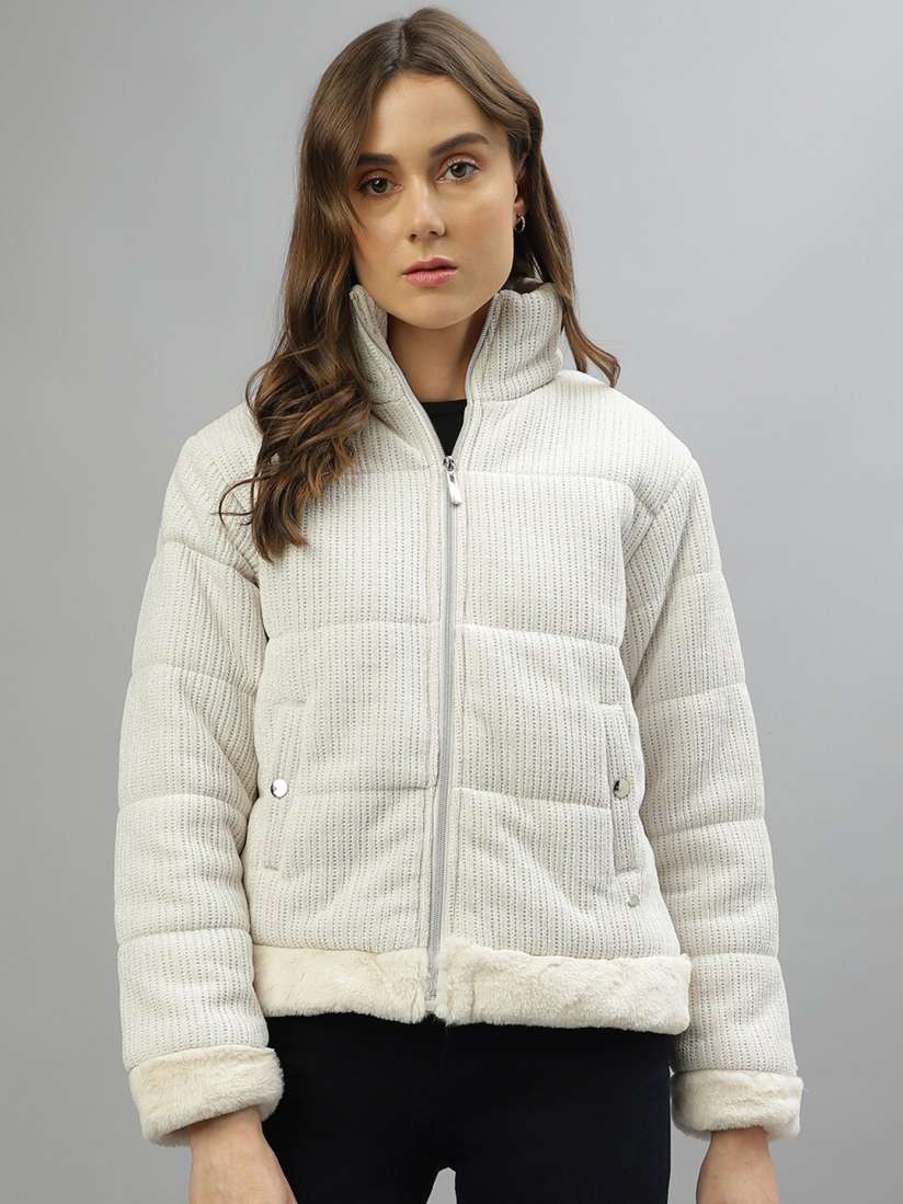 Buy ELLE Striped Mock Collar Long Sleeves Fur Padded Jacket Jackets for Women 26205520 Myntra