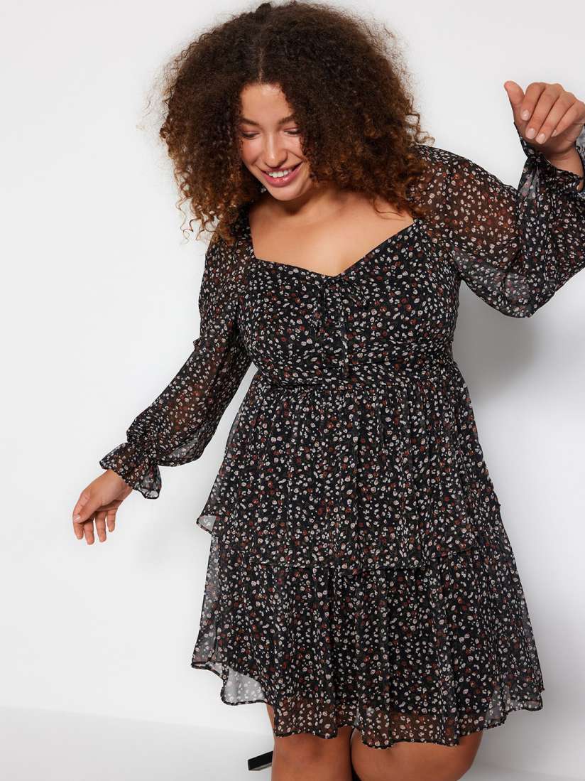 Buy Trendyol Plus size Floral Printed V Neck Puff Sleeves Fit and Flare Dress Dresses for Women 26225096 Myntra