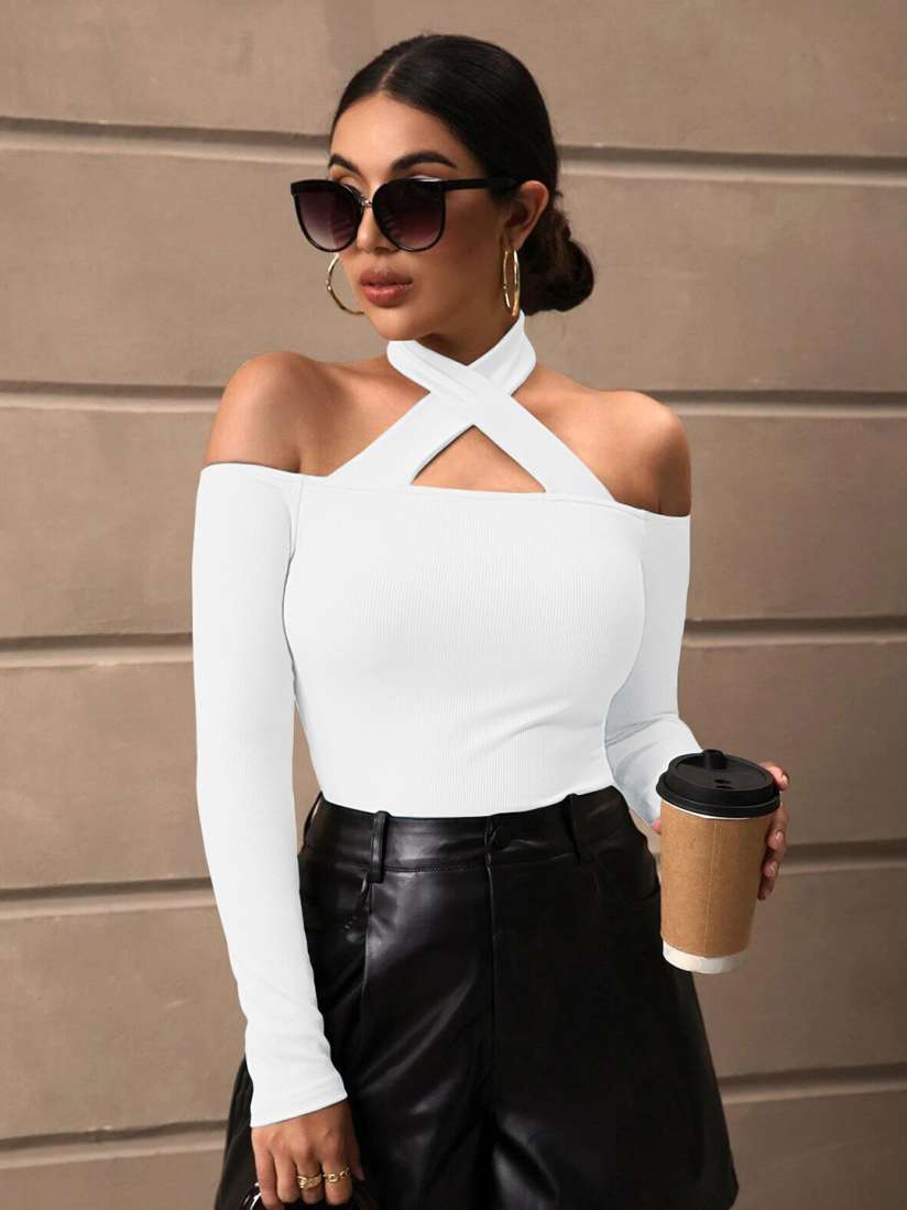 Halter neck cold shoulder top shop