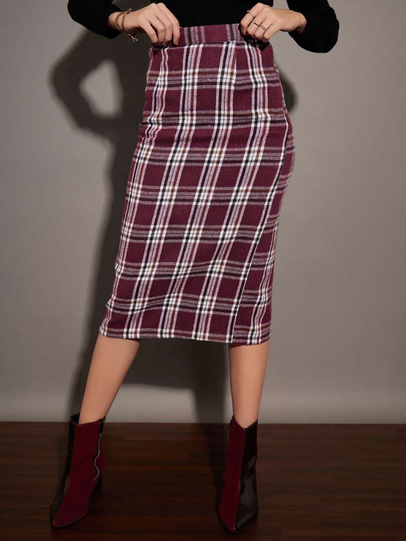 Buy SASSAFRAS Maroon Checked Pure Cotton Pencil Midi Skirt Skirts for Women 26255430 Myntra