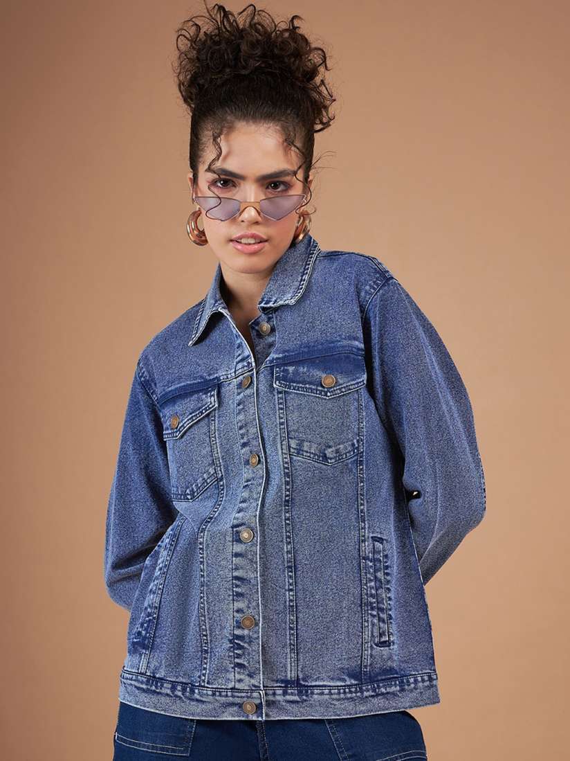 Buy SASSAFRAS Navy Blue Spread Collar Denim Jacket Jackets for Women 26255442 Myntra
