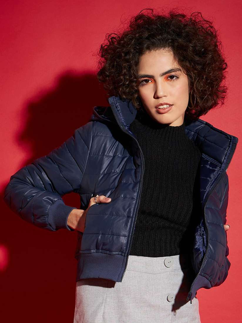 Buy SASSAFRAS Navy Blue Hooded Cropped Puffer Jacket Jackets for Women 26256146 Myntra