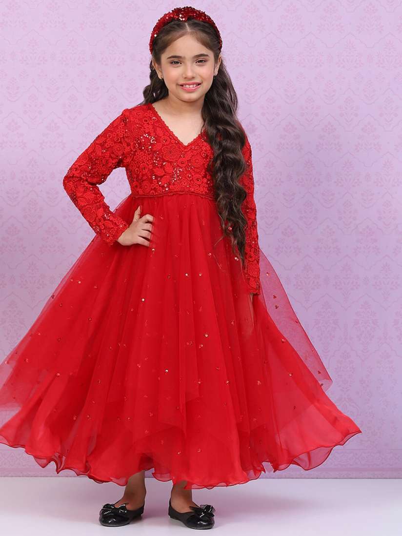 Buy Biba Girls Floral Embroidered Sequined Long Sleeves V Neck Maxi Dress Dresses for Girls 26257616 Myntra