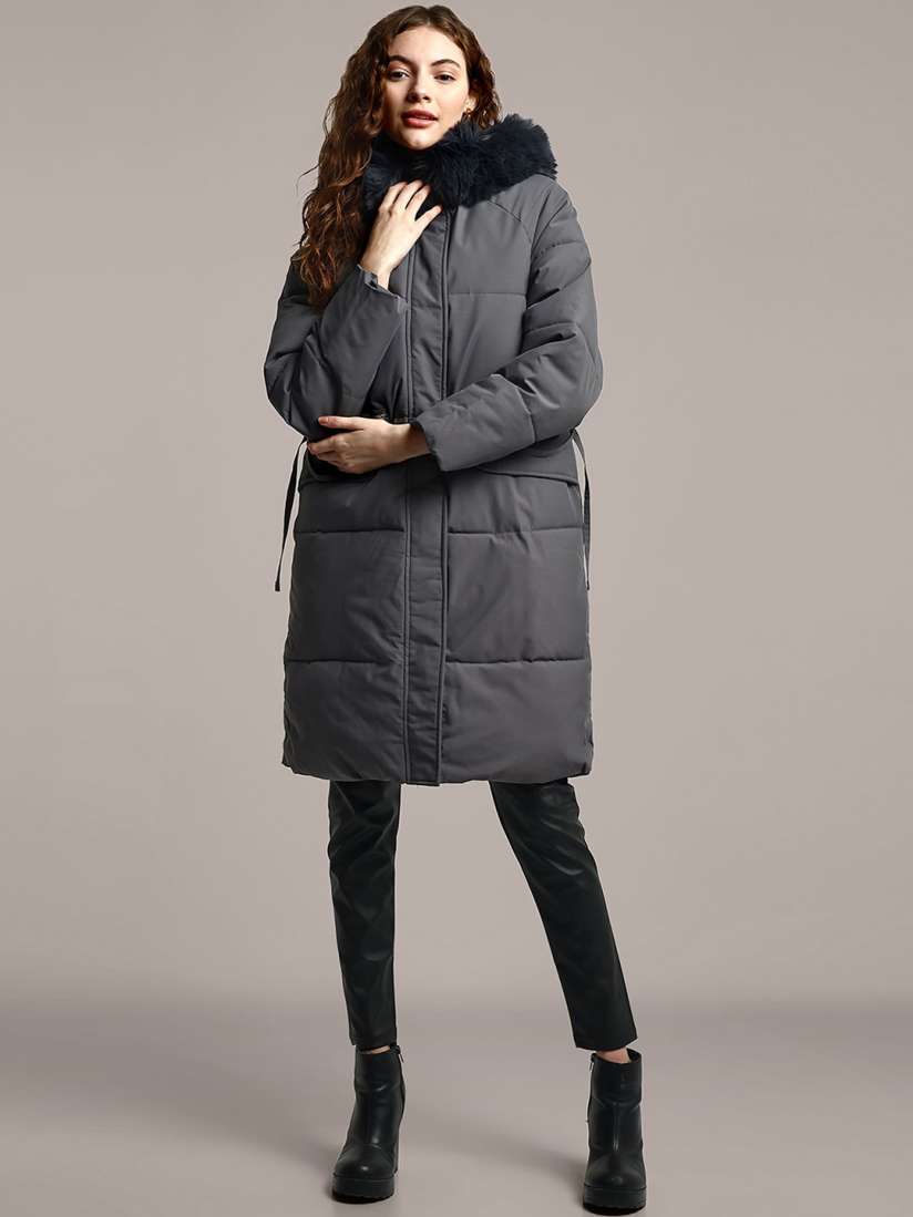 Grey faux fur trim longline puffer jacket hot sale