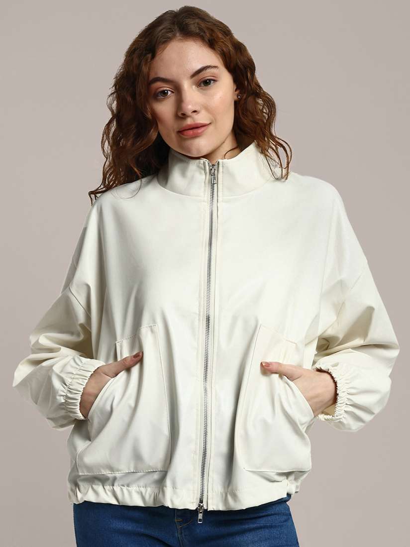 Buy iki chic Off White Mock Collar Lightweight Bomber Jacket Jackets for Women 26262714 Myntra