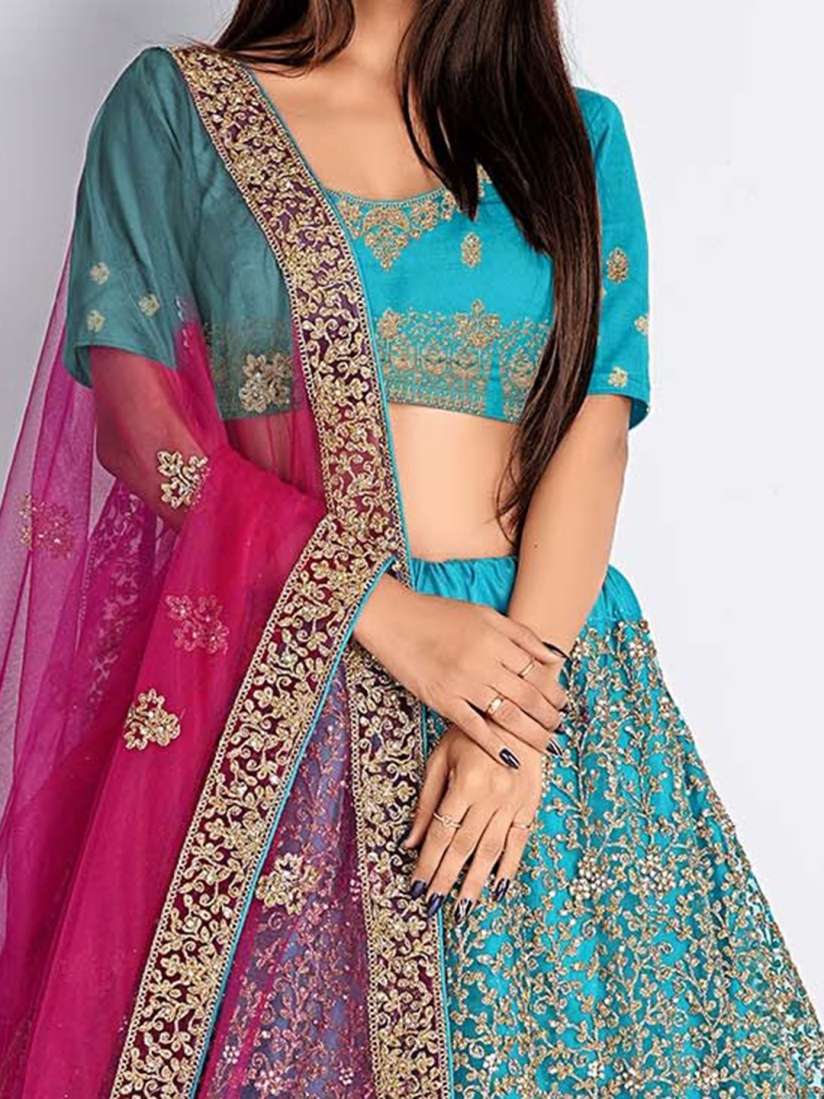 Buy HALFSAREE STUDIO Embroidered Net Semi Stitched Lehenga Unstitched Blouse With Dupatta Lehenga Choli for Women 26296680 Myntra