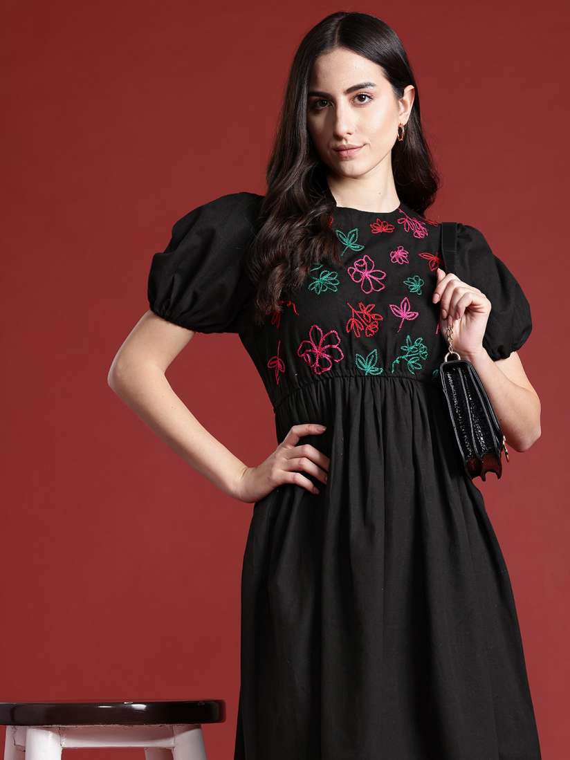 Buy all about you Cotton Linen Embroidered Puff Sleeves A Line Dress Dresses for Women 26334510 Myntra