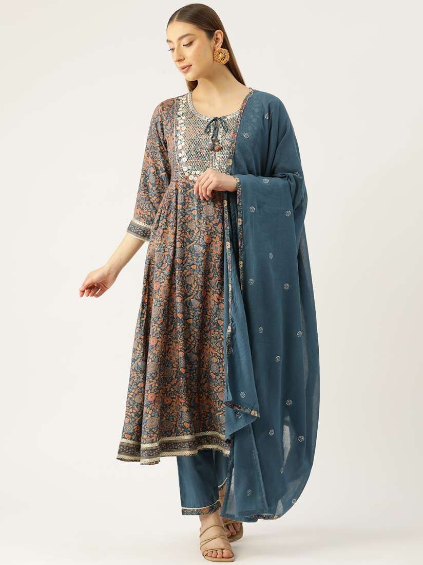 Buy Rue Collection Women Blue Floral Yoke Design Pleated Gotta Patti Kurta with Trousers With Dupatta Kurta Sets for Women 26345676 Myntra