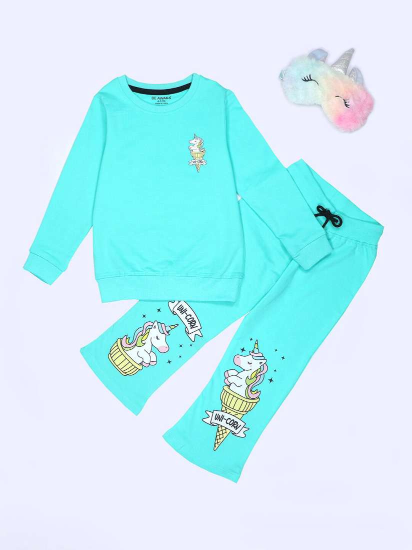 Buy BE AWARA Girls Unicorn Printed Long Sleeves Pure Cotton Sweatshirt With Trousers Clothing Set for Girls 26361050 Myntra