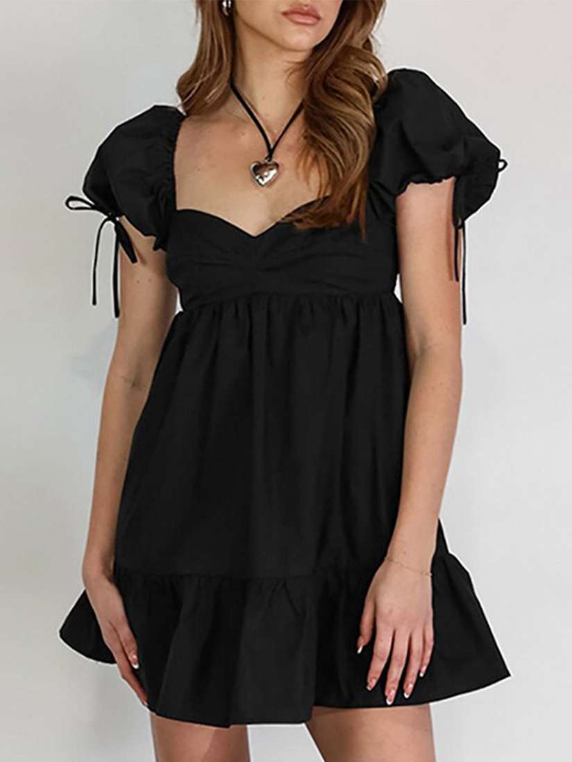 Black Dress Tiered Mini Dress With Sleeves Dobby Mesh Long Sleeve