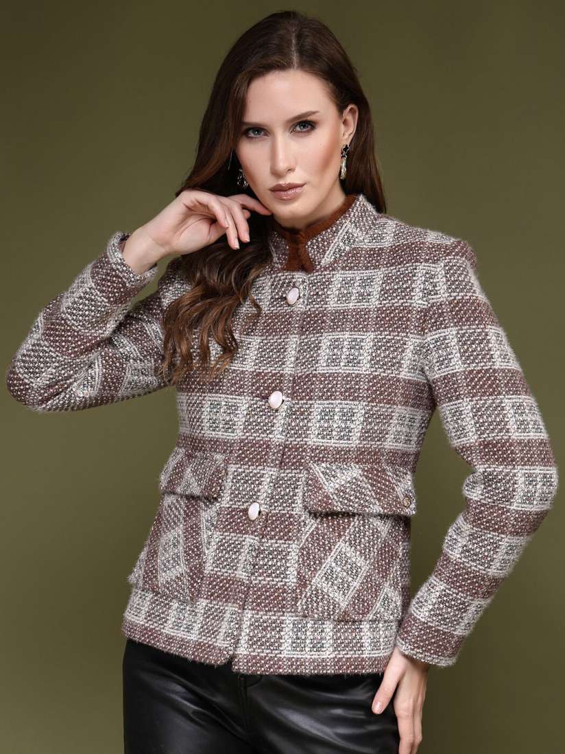 Buy Juelle Checked Stand Collar Pea Coat Coats for Women 26375252 Myntra