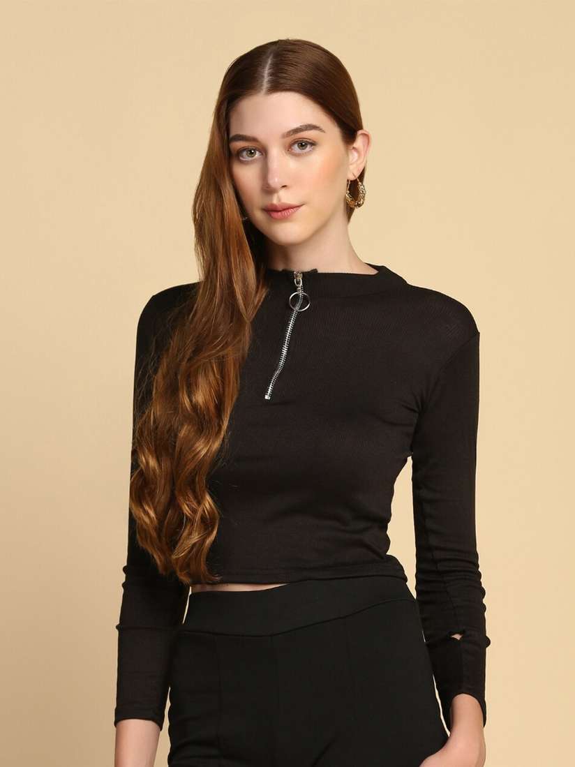 Buy STARIN Ribbed Half Zip High Neck Ribbed Fitted Crop Top Tops