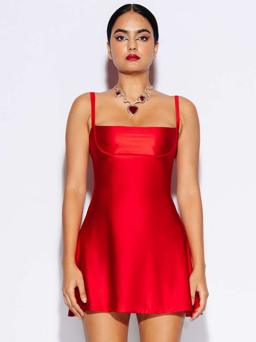 Buy FREAKINS Red Shoulder Strap Satin A Line Dress Dresses for Women 26387416 Myntra