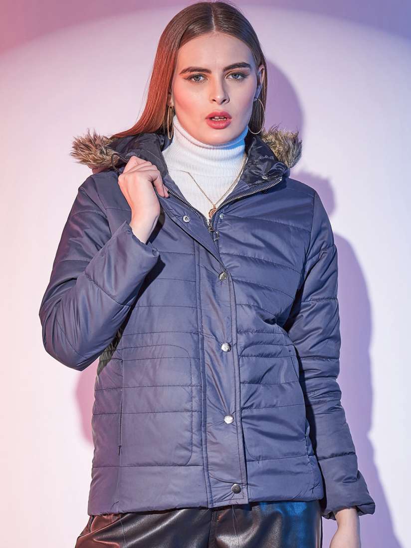 Buy STREET 9 Navy Blue Hooded Long Sleeves Lightweight Faux Fur Trim Puffer Jacket Jackets for Women 26400114 Myntra