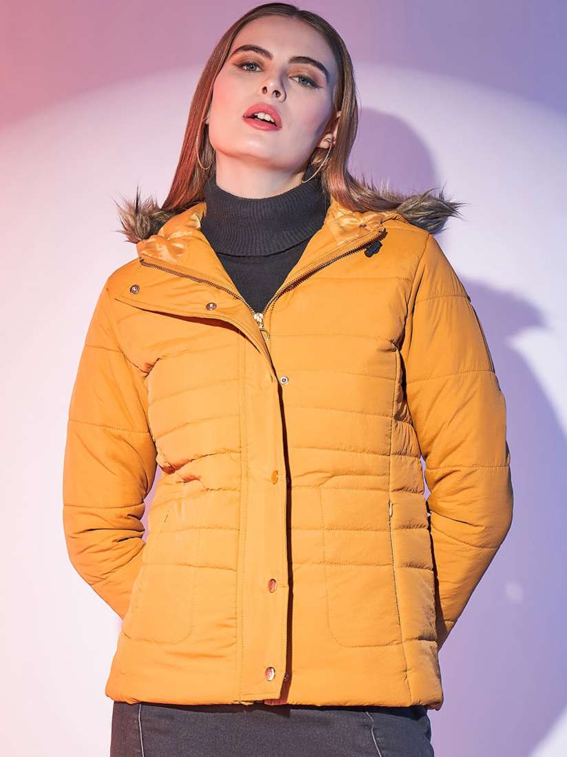Buy STREET 9 Yellow Hooded Long Sleeves Lightweight Faux Fur Trim Puffer Jacket Jackets for Women 26400200 Myntra