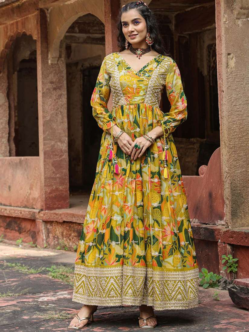 Buy SCAKHI Floral Printed V Neck Gathered Silk Gown Ethnic Dress Ethnic Dresses for Women 26408432 Myntra