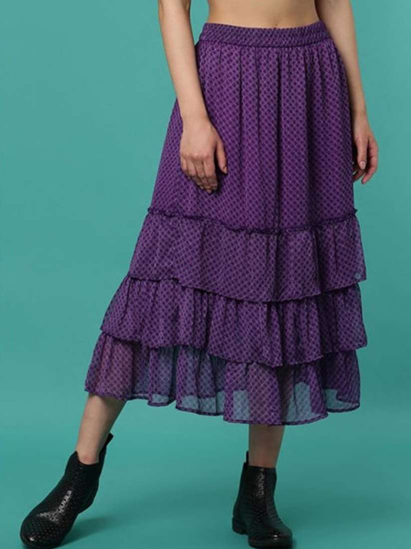 Buy Aila Ethnic Motifs Printed Layered Detailed Flared Midi Skirt Skirts for Women 26442376 Myntra