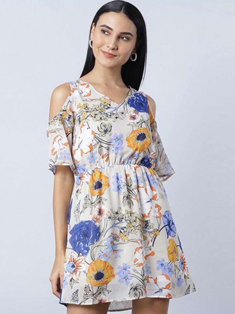 Buy Aila Floral Printed Cold Shoulder Sleeves Gathered Fit Flare Dress Dresses for Women 26448780 Myntra