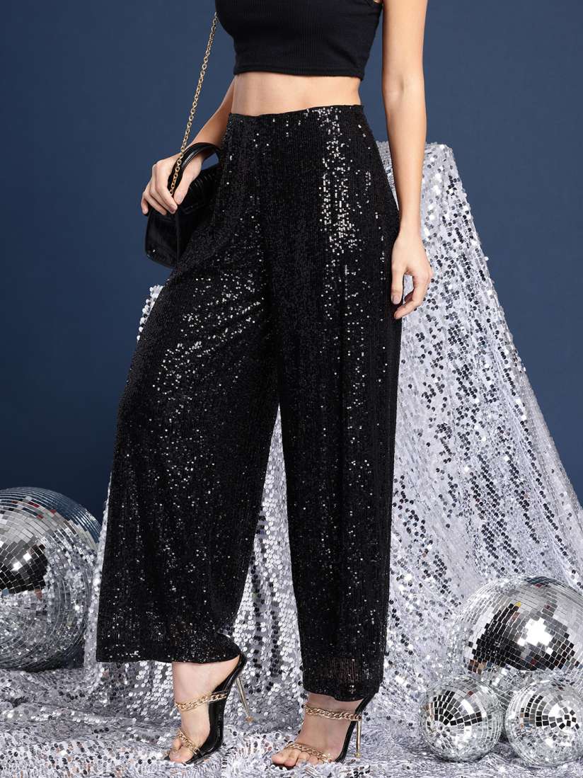 Buy Mast Harbour Women Sequinned Embellished Parallel Party Trousers Trousers for Women 26462420 Myntra