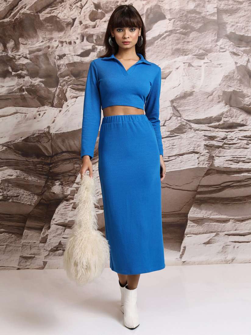 Buy Tokyo Talkies Spread Collar Ribbed Crop Top Midi Pencil Skirt Co Ords for Women 26476102 Myntra