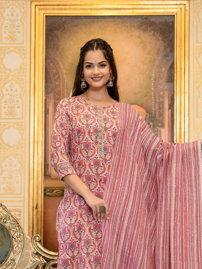 Buy AHIKA Ethnic Motifs Printed Straight Kurta with Trousers Dupatta Kurta Sets for Women 26495274 Myntra