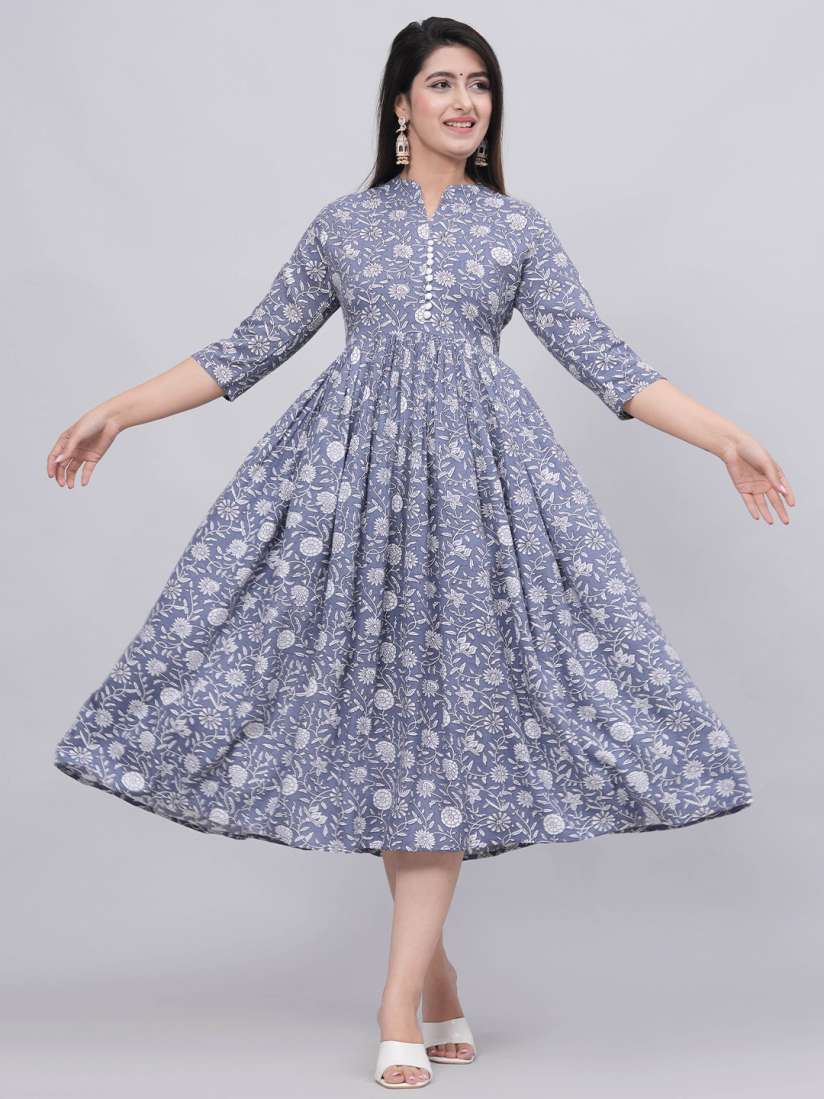 Buy Sanganeri Kurti Floral Printed Mandarin Collar Fit Flare Midi Ethnic Dress Ethnic Dresses for Women 26513792 Myntra