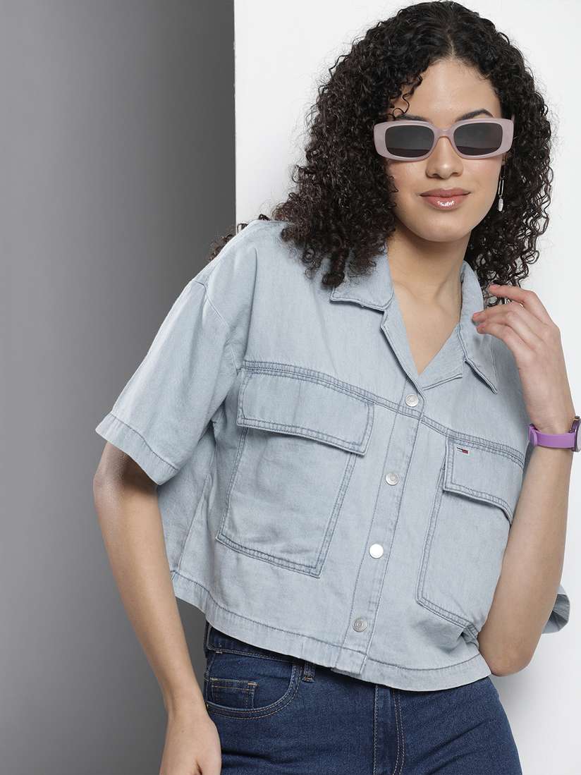 Tommy Hilfiger Solid Pure Cotton Chambray Shirt Style Crop Top