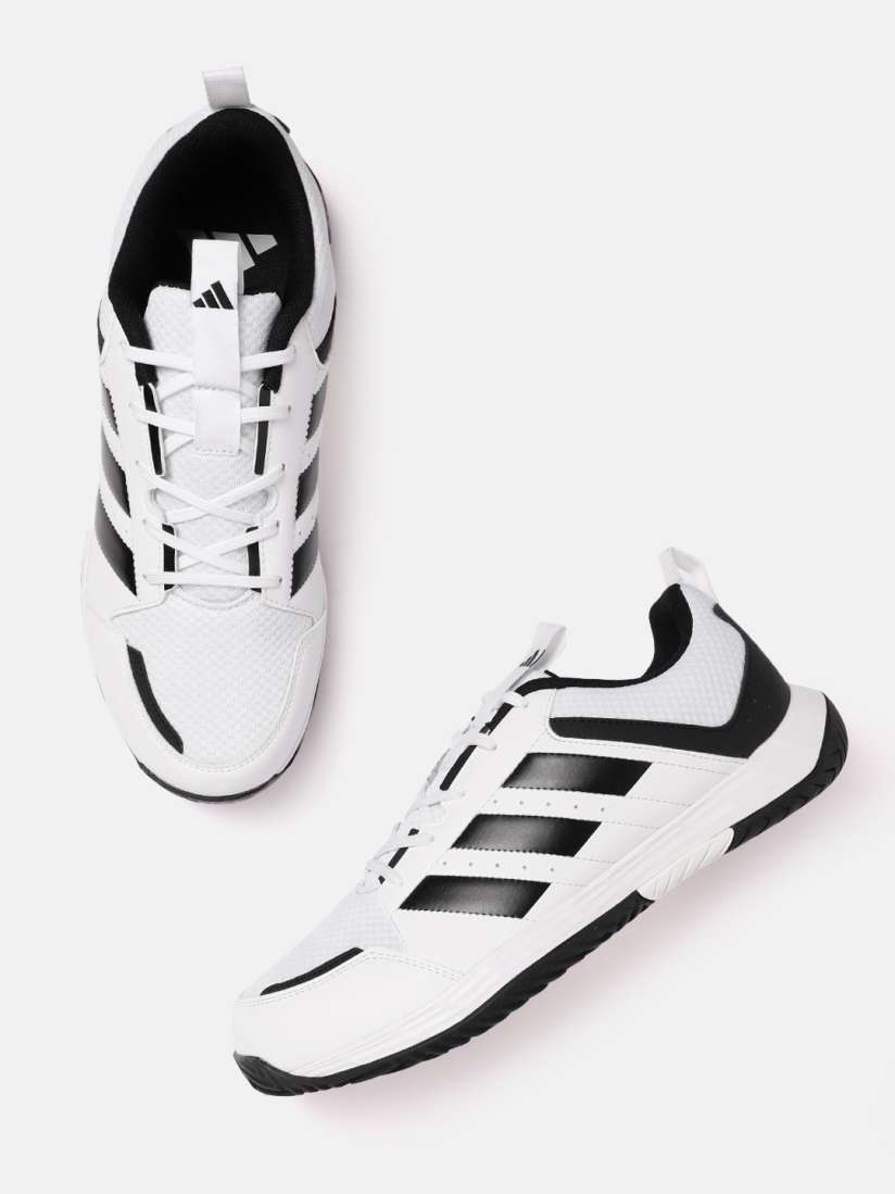 White and black adidas tennis shoes discount