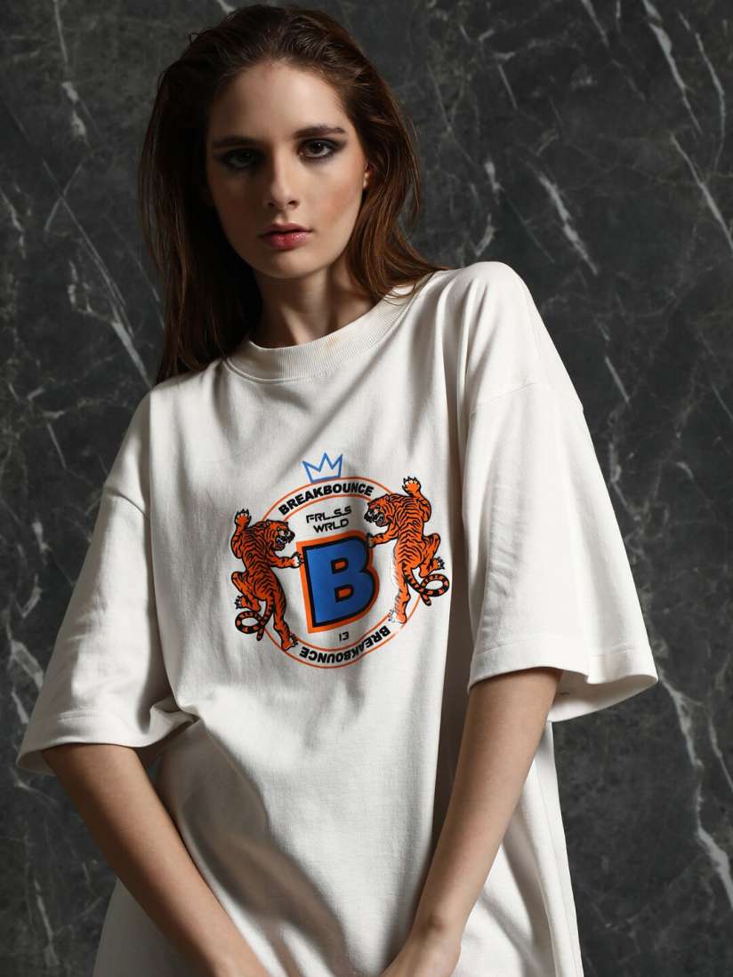 Buy Breakbounce White Tiger Graphic Printed Drop Shoulder Sleeves Oversized Cotton T shirt Tshirts for Women 26536720 Myntra