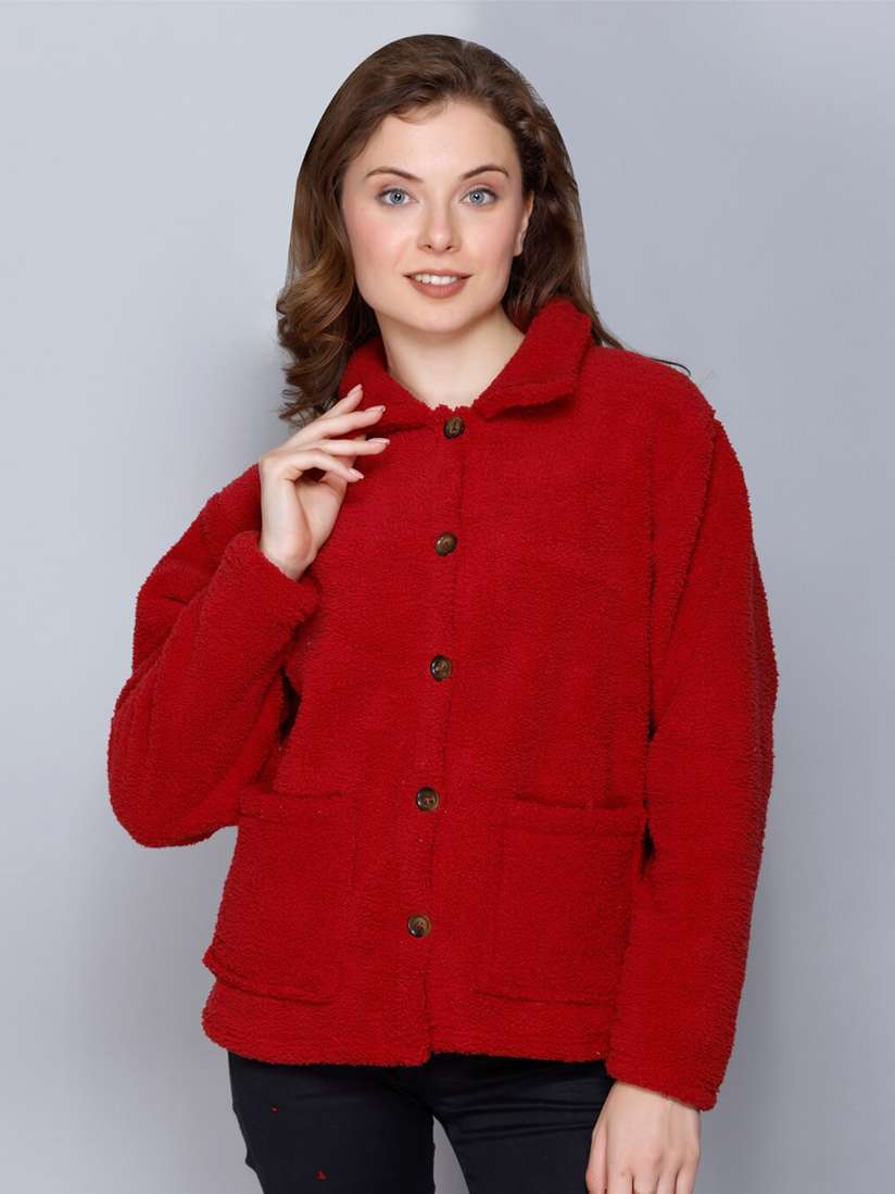 Buy Kanvin Red Shirt Collar Long Sleeves Cardigan Sweater