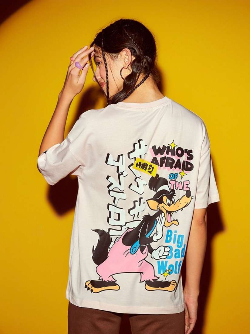 Buy Bewakoof Pink Big Bad Wolf Graphic Printed Oversized Drop Shoulder Pure Cotton T shirt Tshirts for Women 26570184 Myntra
