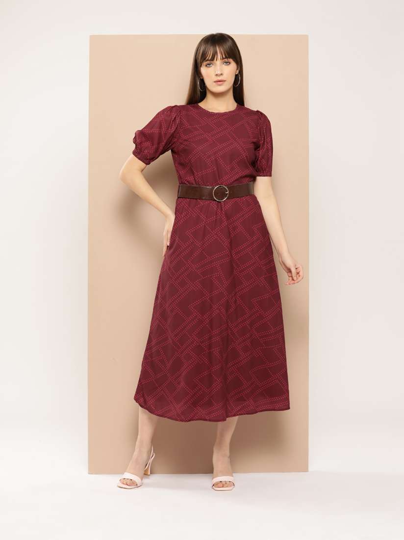 Buy Chemistry Printed Puff Sleeves A Line Midi Dress with Belt Dresses for Women 26571010 Myntra