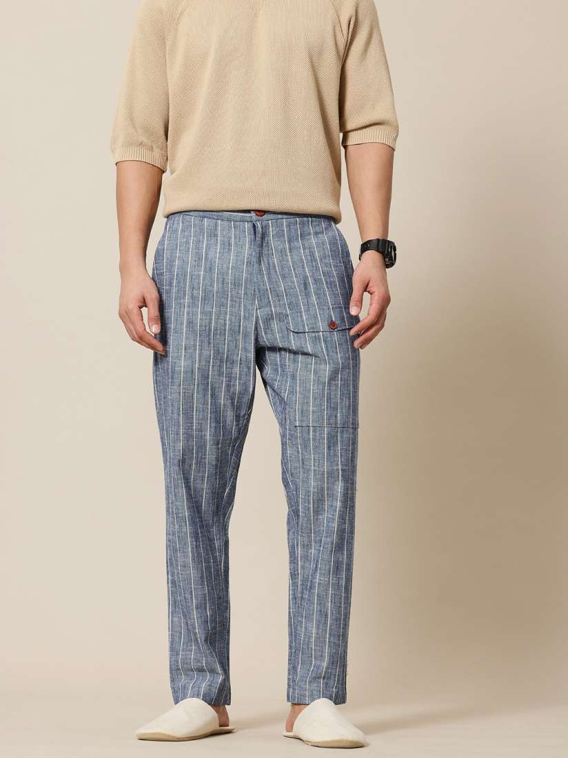 Buy Mr Bowerbird Men Liberal Fit Striped Cotton Linen Trousers Trousers for Men 26611022 Myntra