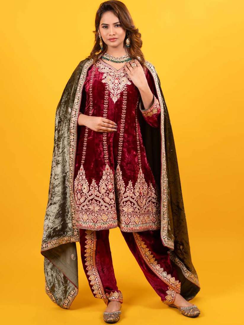 Buy Meena Bazaar Ethni Motifs Embroidered Velvet Kurti With Dhoti Pants Dupatta Kurta Sets for Women 26626332 Myntra